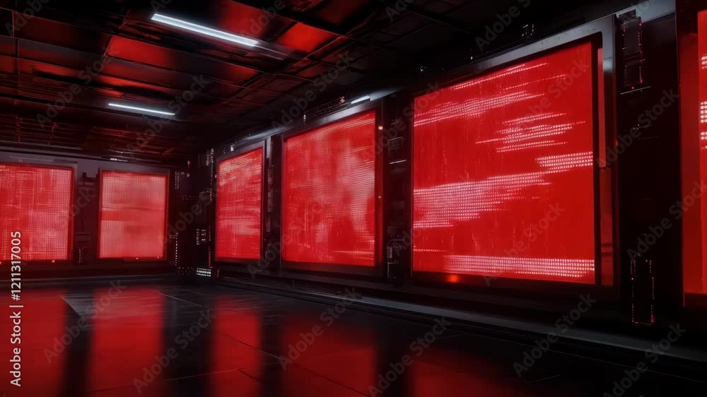 Aufkleber red data streams flowing across digital control room screens in a futuristic environment