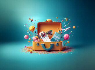 A cheerful yellow suitcase overflows with vibrant travel essentials: airplane models, tickets, confetti, and colorful sweets, suggesting excitement and adventure.