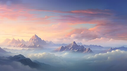 Breathtaking panoramic view of a towering mountain range silhouetted against the vibrant colors of a serene sunrise sky creating a captivating and natural landscape