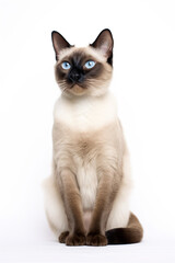 Beautiful Siamese cat with bright blue eyes on a white background.