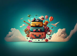 A whimsical stack of vintage suitcases floats amidst clouds, surrounded by travel iconsa hot air balloon, camera, compass, and more, suggesting exciting adventures and wanderlust.
