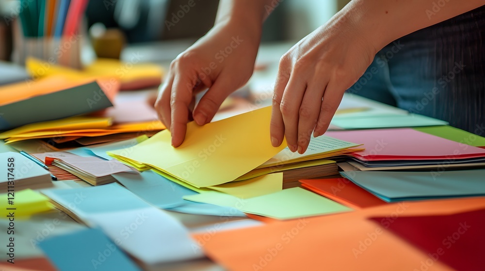Poster a close-up of hands assembling documents and files on a desk, preparing for a presentation