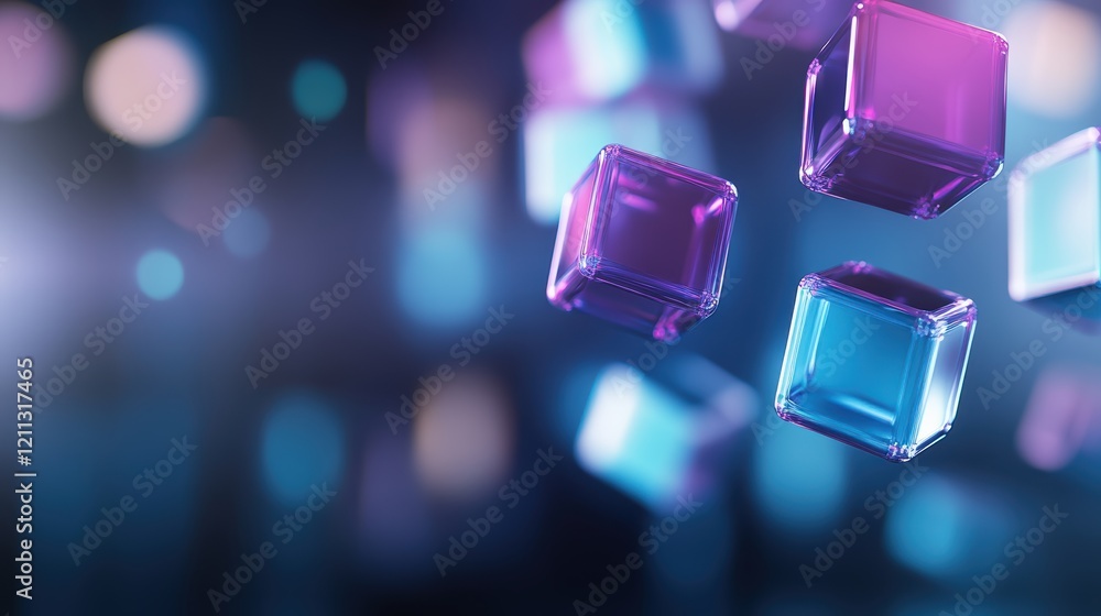 Poster dynamic interplay of purple and blue cubes in a weightless environment, an abstract 3d render.