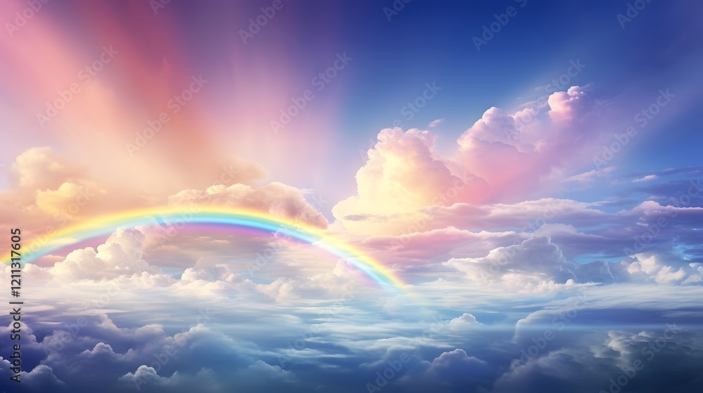 Poster breathtaking view of a cloudy sky with a vibrant multicolored rainbow stretching majestically across