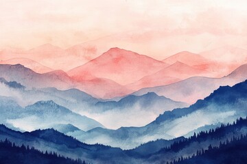 Serene Watercolor Landscape of Misty Mountains