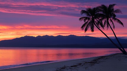 Tropical Sunset Paradise: Beach, Palm Trees, and Mountains