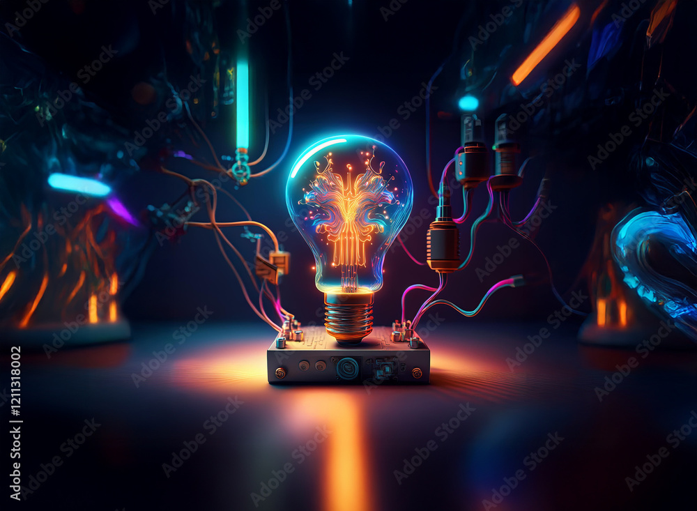 Poster a glowing lightbulb, filled with a vibrant tree-like structure, sits on a metallic base, surrounded 