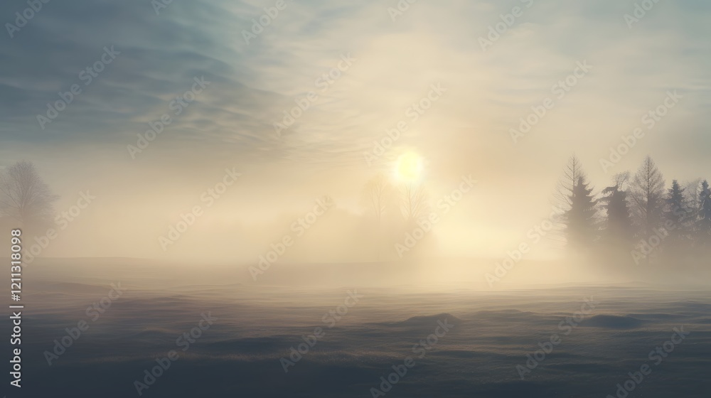 Poster ethereal foggy morning landscape with soft sunlight filtering through the mist creating a serene and