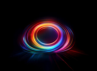 Vibrant, swirling neon rings of light create a luminous halo against a stark black background. The circular glow emanates energy and dynamism.