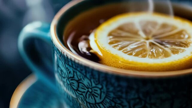 Steaming lemon tea in blue cup  refreshing warmth and aromatic comfort