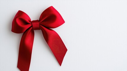 Red satin ribbon bow on white background; gift wrapping, decoration