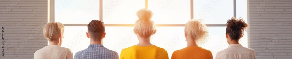 Poster modern unity in diversity vibrant office team portrait in sunlit workspace - empowerment imagery for
