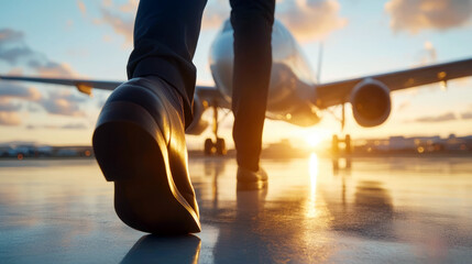 Journey's Start: A businessman's feet walking towards a large airplane silhouetted against a vibrant sunset. The focus is on the shoes and the path ahead, conveying a sense of travel.