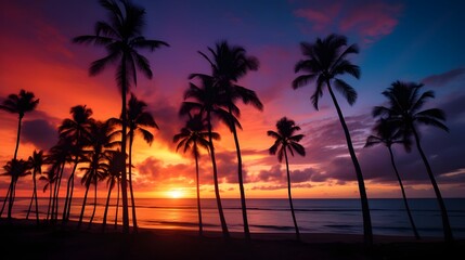 Obraz premium Stunning 16 9 panoramic landscape showcasing the breathtaking beauty of a tropical sunset with silhouetted palm trees against a vibrant colorful sky