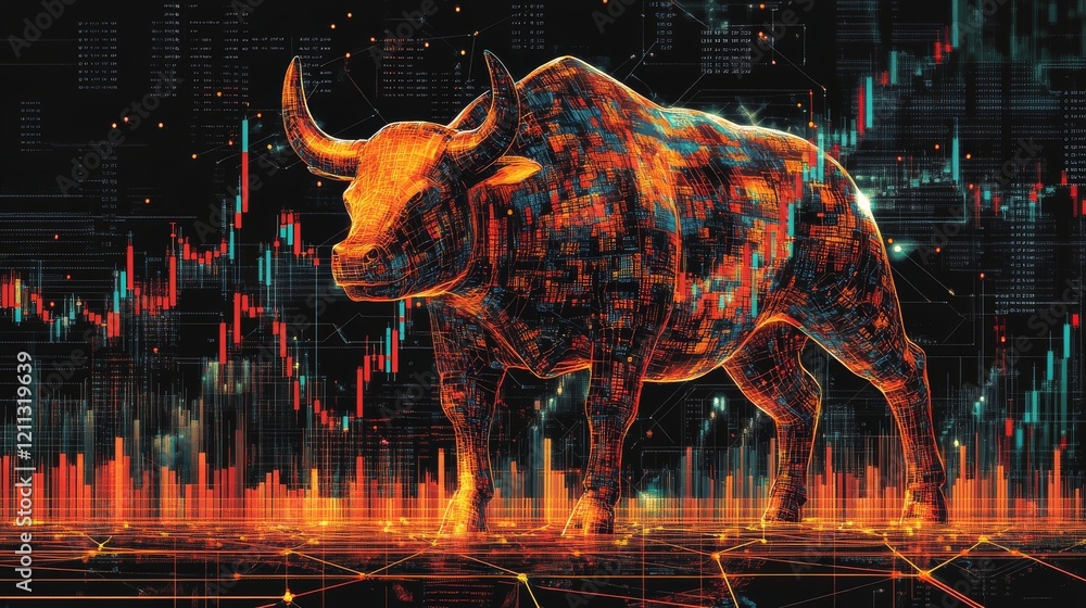 Poster digital stock market trading with futuristic graph and financial data analysis displayed on a blue v