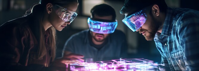 A team of engineers using holographic projections to simulate and test a new product prototype