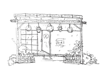 Cozy Houseyard with Hanging Plants and Decorative Pots, Hand Draw Sketch Vector Illustration