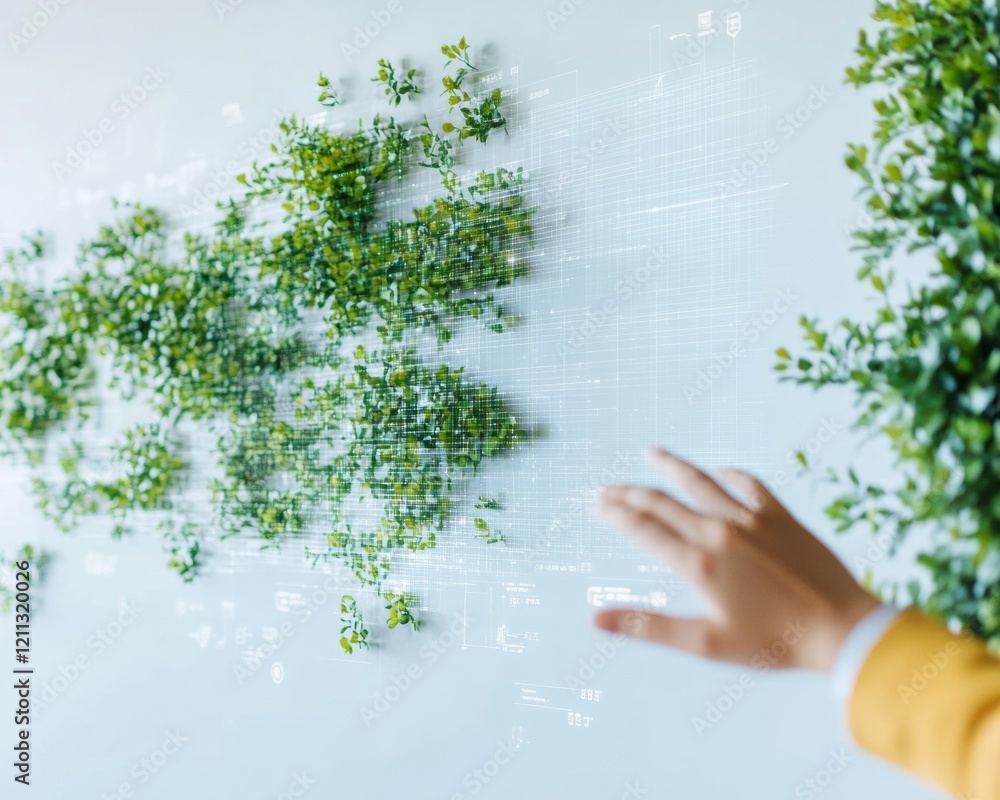 Poster green digital interface hand reaching for virtual foliage on interactive screen - eco-friendly tech 