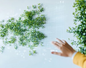 Green Digital Interface Hand Reaching for Virtual Foliage on Interactive Screen - Eco-Friendly Tech in Modern Business Environments for Sustainable Innovation Benefits