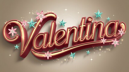 The 3D rendering of the text Valentina in luxurious red gold typography features flowing letters, delicate stars, intricate flowers, and twinkling stars against a muted neutral background.