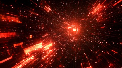 Naklejka premium Red digital tunnel with glowing particles.