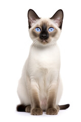 Beautiful Siamese cat with bright blue eyes on a white background.