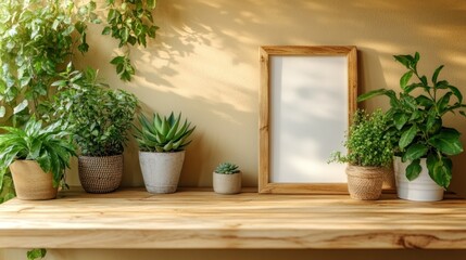 Wooden Frame Mockup with Indoor Plants on a Table