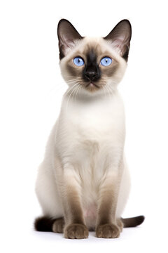 Beautiful Siamese cat with bright blue eyes on a white background.