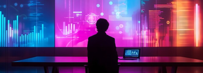 A person presenting a business proposal with floating holographic graphs and data points in a boardroom