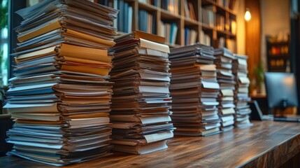 Large stacks of papers on wooden desk.