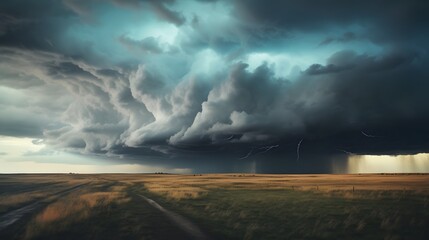 Dramatic and moody stormy sky with heavy rain visibly falling in the distance creating an atmospheric and ominous landscape scene