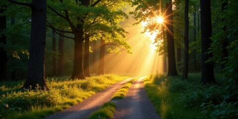 Fototapeta premium Golden Sunlight Illuminates a Serene Forest Path at Dawn, Casting Long Shadows and Bathing the Lush Greenery in a Warm, Magical Glow