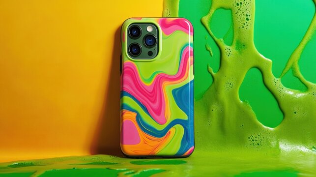 Vibrant smartphone case with swirling colors and contrasting background featuring green foam - Powered by Adobe