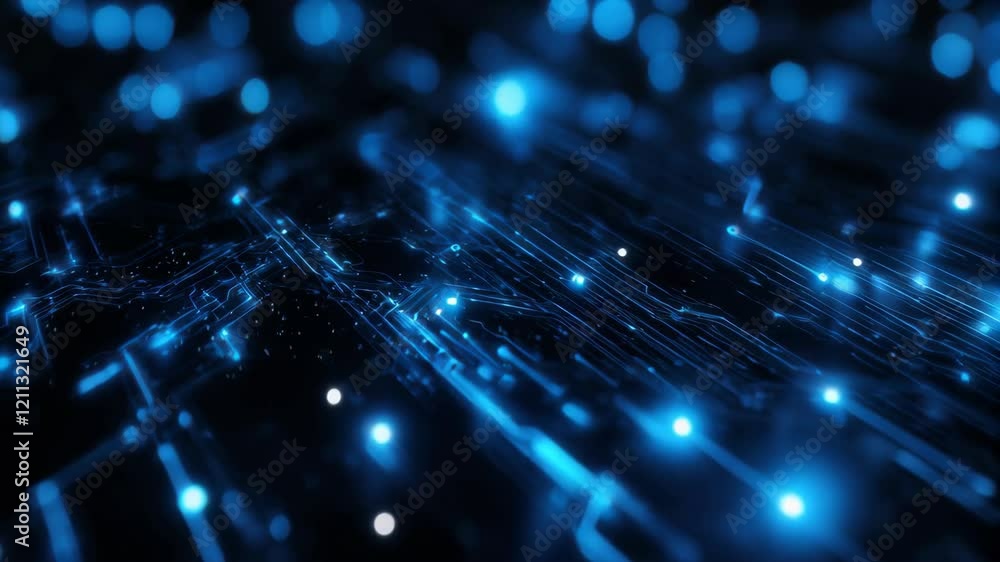 Poster dynamic blue circuit board with moving lights and digital flow in futuristic technology design