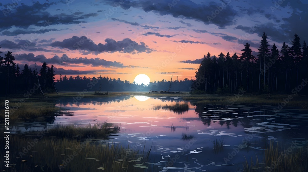 Aufkleber tranquil dusk sky with soft clouds reflecting on the calm surface of a small serene pond in a peacef