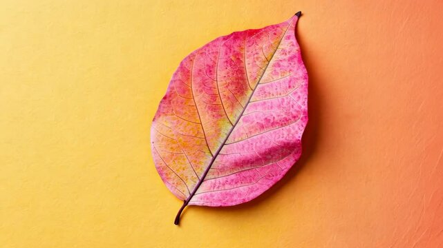 Vibrant pink leaf resting on a warm orange background creating a striking seasonal contrast