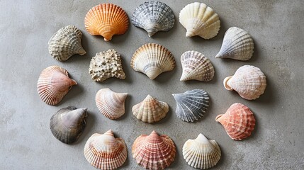 Varied sea shells arranged in a circular pattern on a textured surface indoors. Generative AI