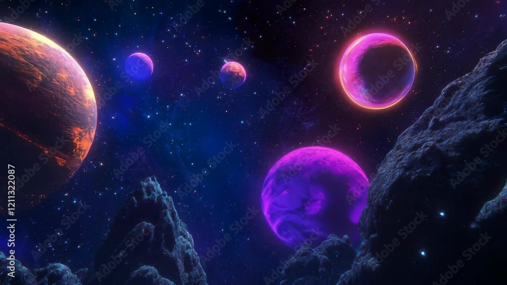 Poster cosmic journey through vibrant nebulas and floating celestial bodies in deep space