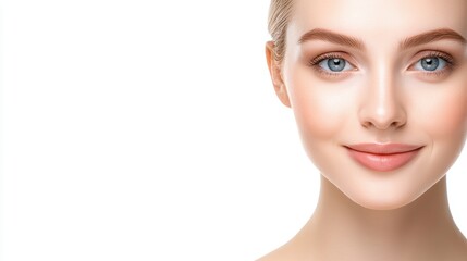 Fototapeta premium Captivating portrait, woman with striking blue eyes on a clean white background