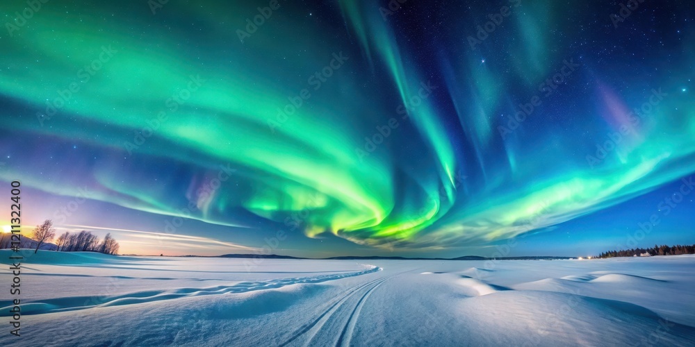 Canvas Prints A breathtaking celestial display of vibrant aurora borealis illuminating a serene snow-covered landscape under a starlit night sky