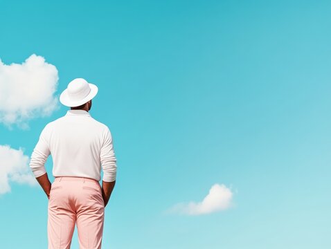 Modern Athletic Elegance Polo-Clad Golfer in White Hat on Lush Fairway Against Vibrant Sky - Precision Imagery for Golf Club Marketing and Active Lifestyle Promotion
