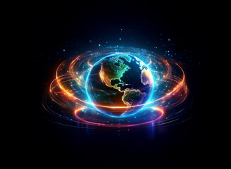 Obraz premium A vibrant, glowing Earth encircled by rings of energy, radiating light and color against a dark background. The image evokes themes of technology, connection, and global energy.