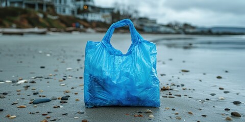 Blue Plastic Bag on Beach, Environmental Pollution Concept