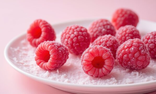 Frosted raspberries on a pink plate