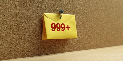 Yellow Envelope with 999+ Sign on Corkboard