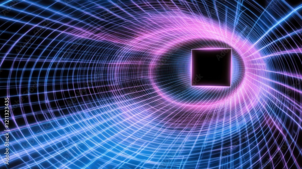 Poster cybernetic tunnel vortex; data streams, glowing square portal; digital background; tech presentation