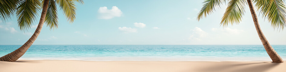 Fototapeta premium Panorama, Paradiesischer Strand eingerahmt durch Palmen mit weißem Sand und türkisfarbenem Meer auf tropischer Insel, Urlaub und Entspannung im Paradies