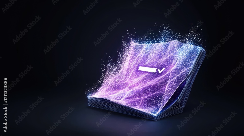 Aufkleber glowing notebook; checklist; digital transformation; dark background; website concept