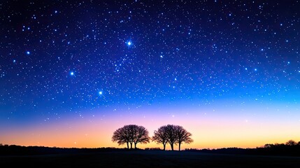 Starry watercolor idea. Stunning night sky with stars and silhouettes of trees on a tranquil horizon.