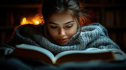 Cozy Evening: Woman Reading by Fireplace